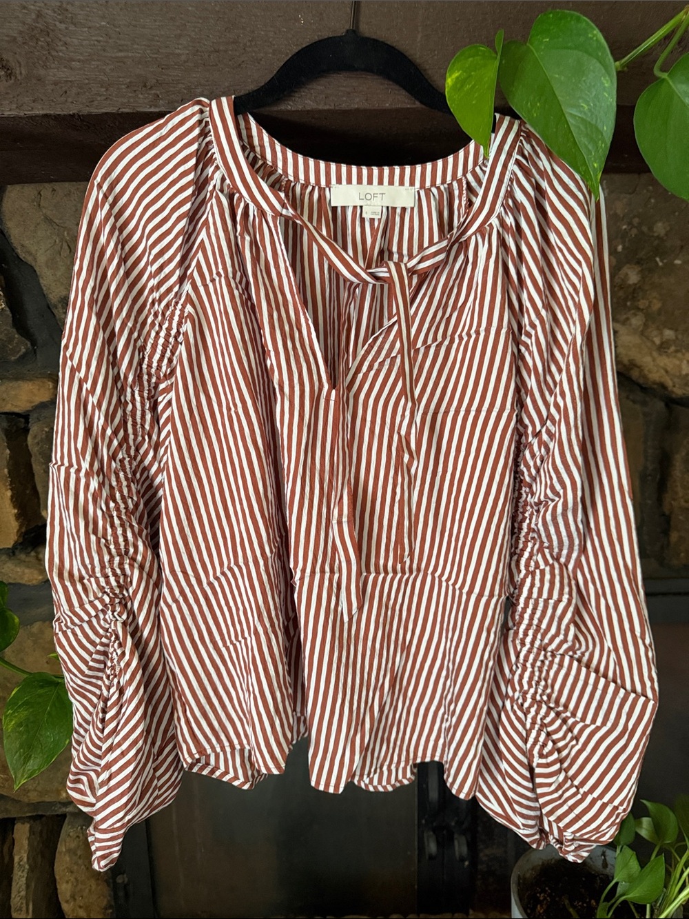 LOFT Rust and White Striped Tie-Neck Blouse